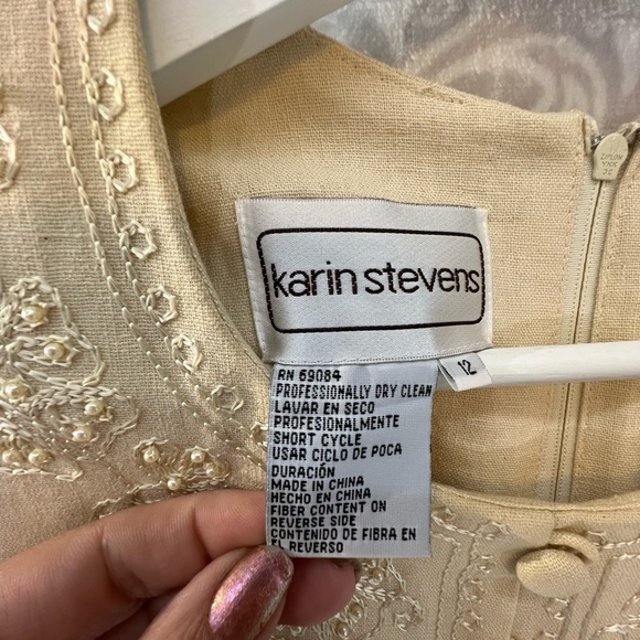 KARIN STEVENS LINEN BLEND DRESS 12 VINTAGE GRANDMA EMBROIDERY KAHKI TAN 582 - Picture 6 of 8